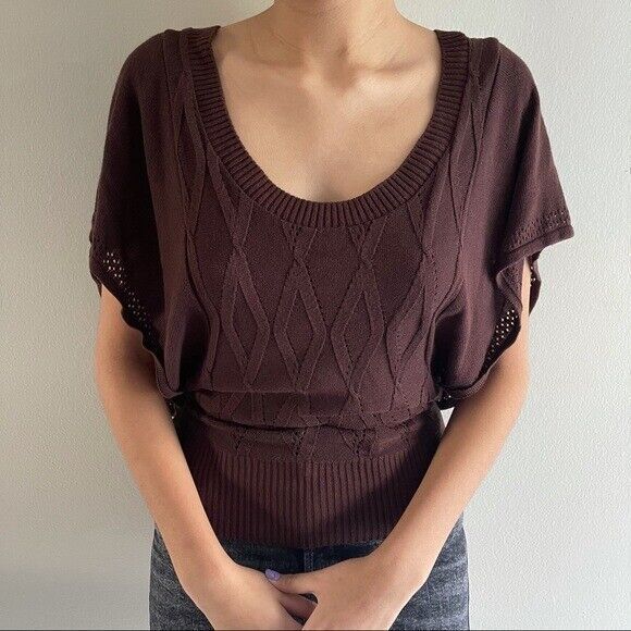 Windsor Brown Knit Sweater Top L Open Back Short Butterflies Sleeves Scoop Neck - Picture 3 of 12